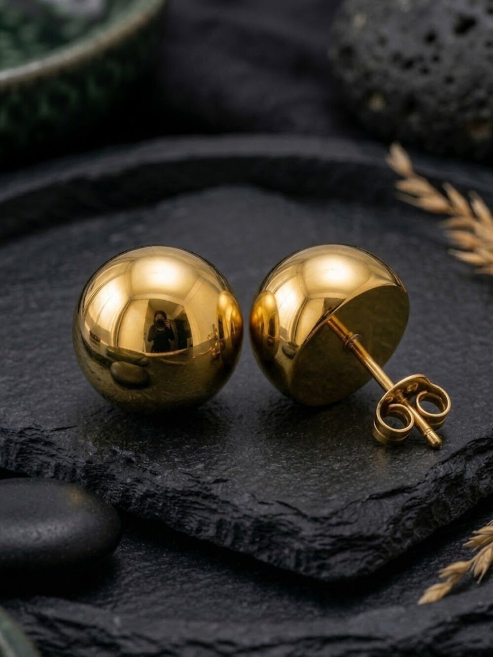 Gold Dome Stud Earrings Chunky Half Sphere Ball Clean Girl Stainless 0.5"